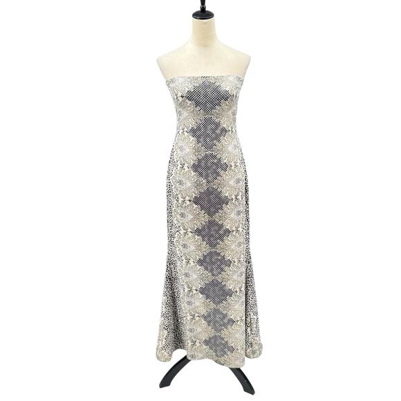 Nicole Miller Black & Cream Mixed Print Silk Blend Strapless Maxi Cocktail Dress - Picture 1 of 14